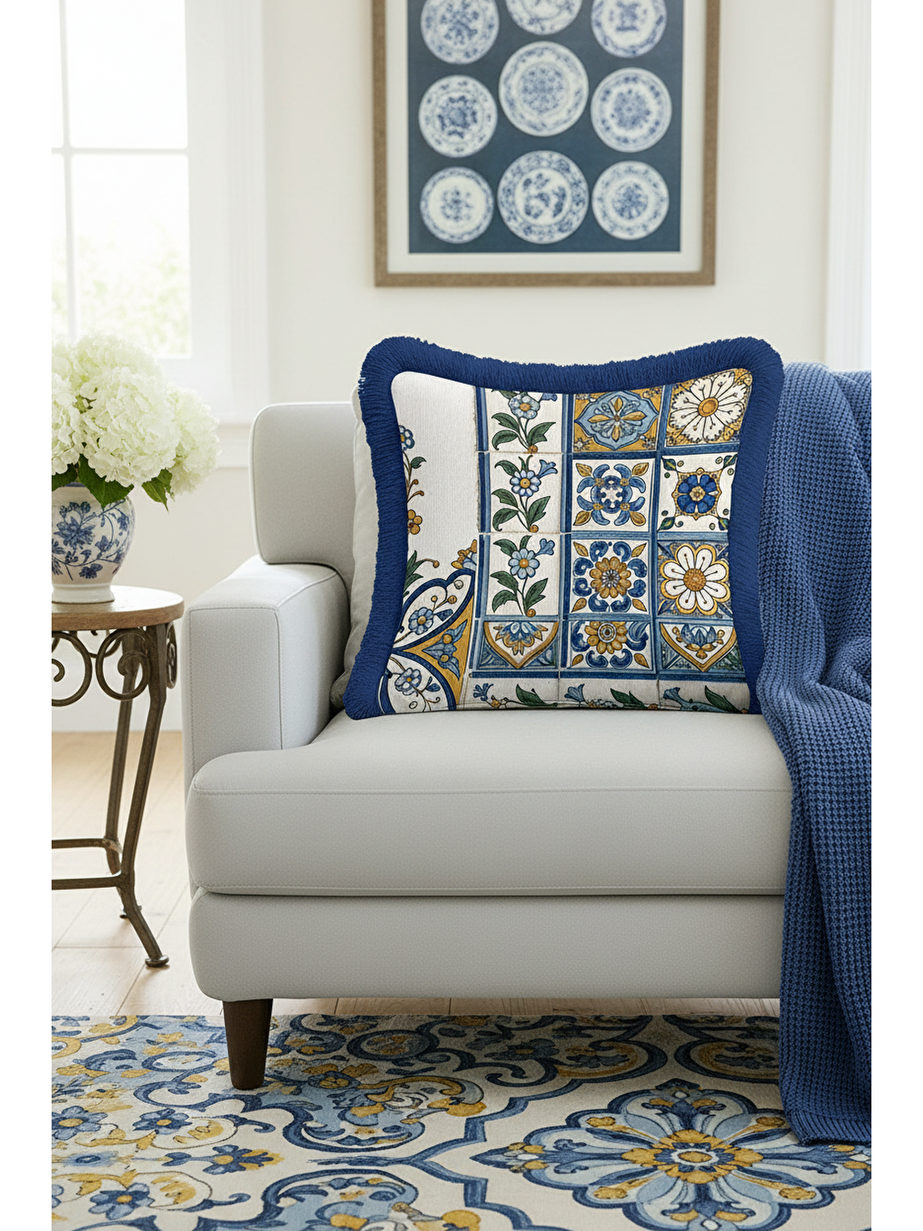 Karışık Çini Motifli Saçaklı Yastık Kılıfı - Akdeniz Stili Retro Mavi Sarı Püsküllü Kırlent Kılıfı-3