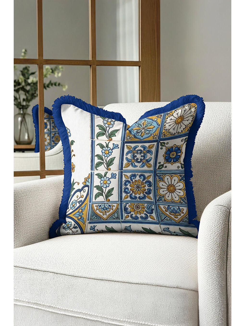 Karışık Çini Motifli Saçaklı Yastık Kılıfı - Akdeniz Stili Retro Mavi Sarı Püsküllü Kırlent Kılıfı-4
