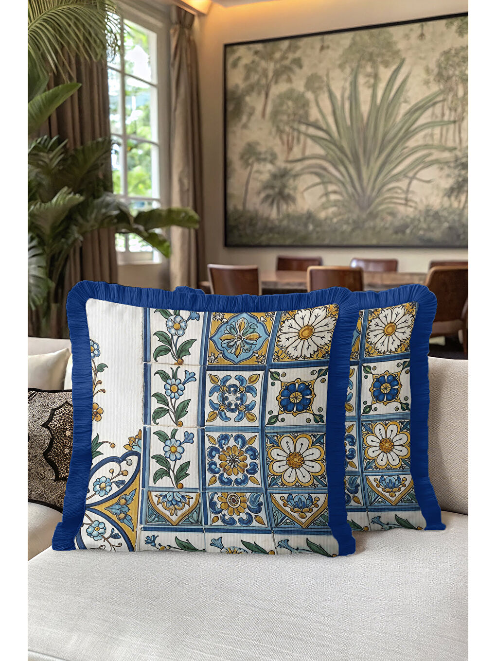 Karışık Çini Motifli Saçaklı Yastık Kılıfı - Akdeniz Stili Retro Mavi Sarı Püsküllü Kırlent Kılıfı-5