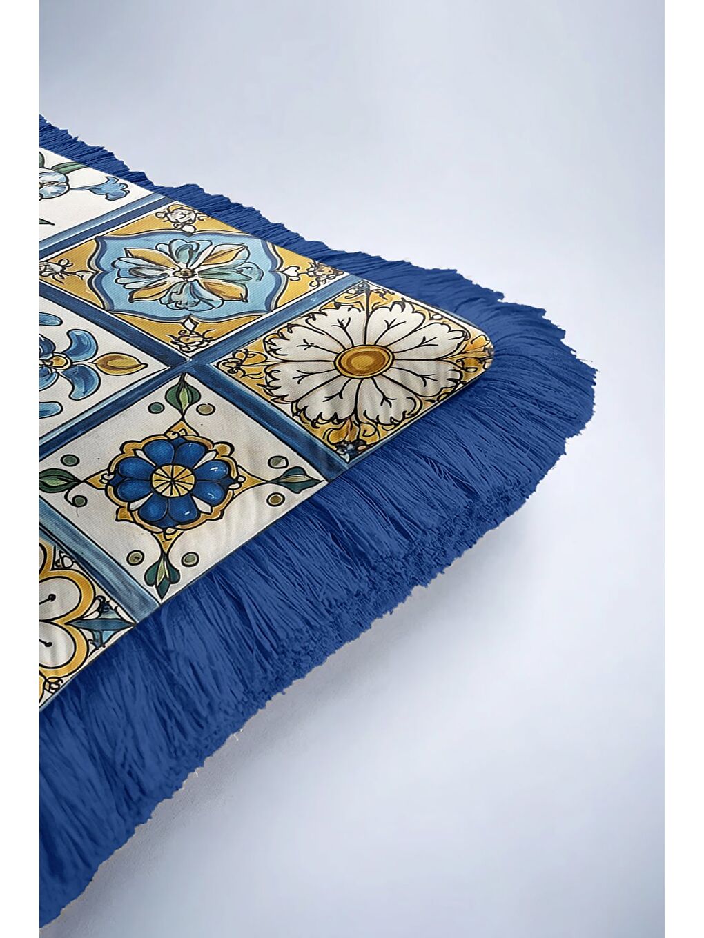 Karışık Çini Motifli Saçaklı Yastık Kılıfı - Akdeniz Stili Retro Mavi Sarı Püsküllü Kırlent Kılıfı-6
