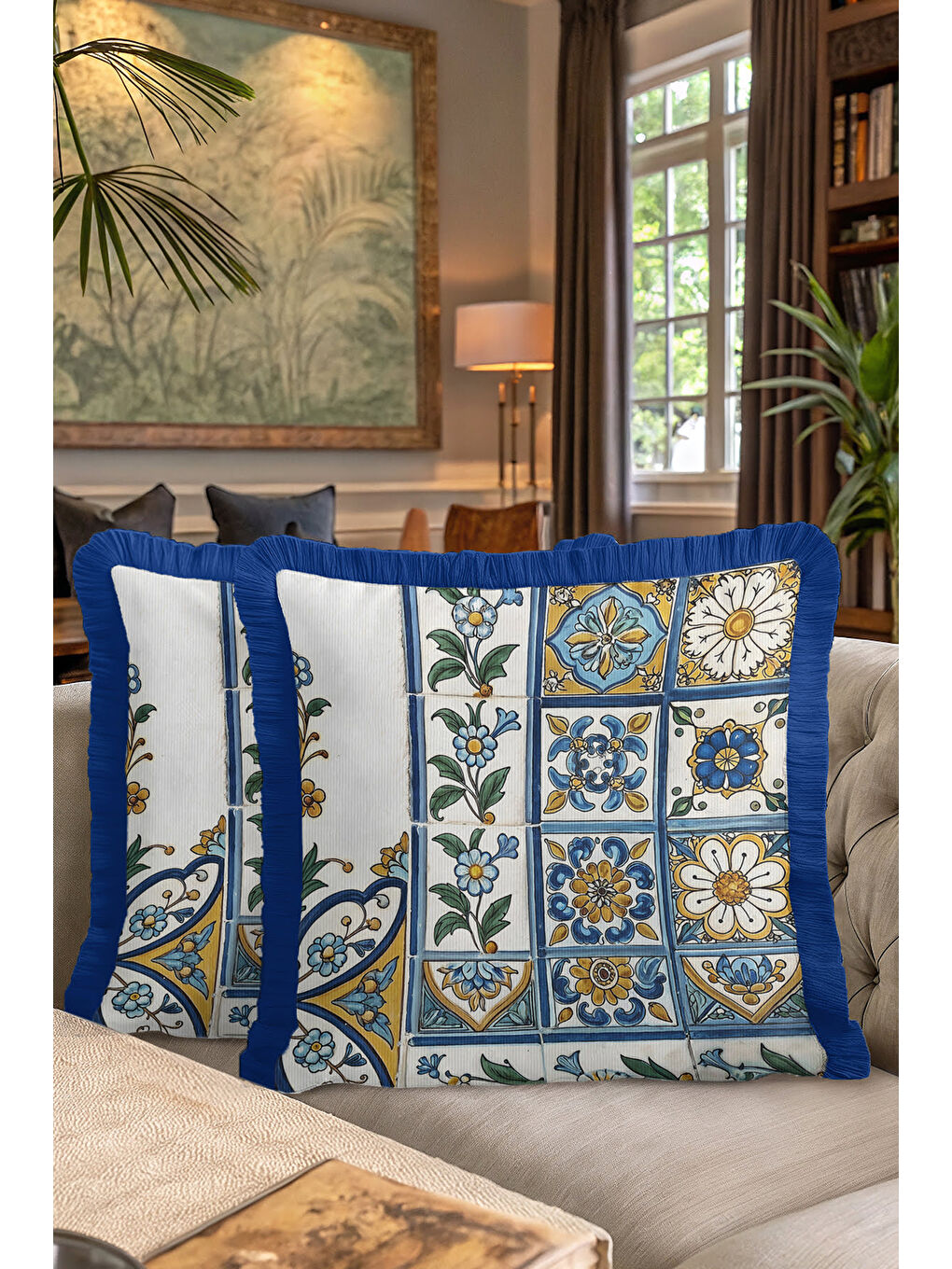 Karışık Çini Motifli Saçaklı Yastık Kılıfı - Akdeniz Stili Retro Mavi Sarı Püsküllü Kırlent Kılıfı-7