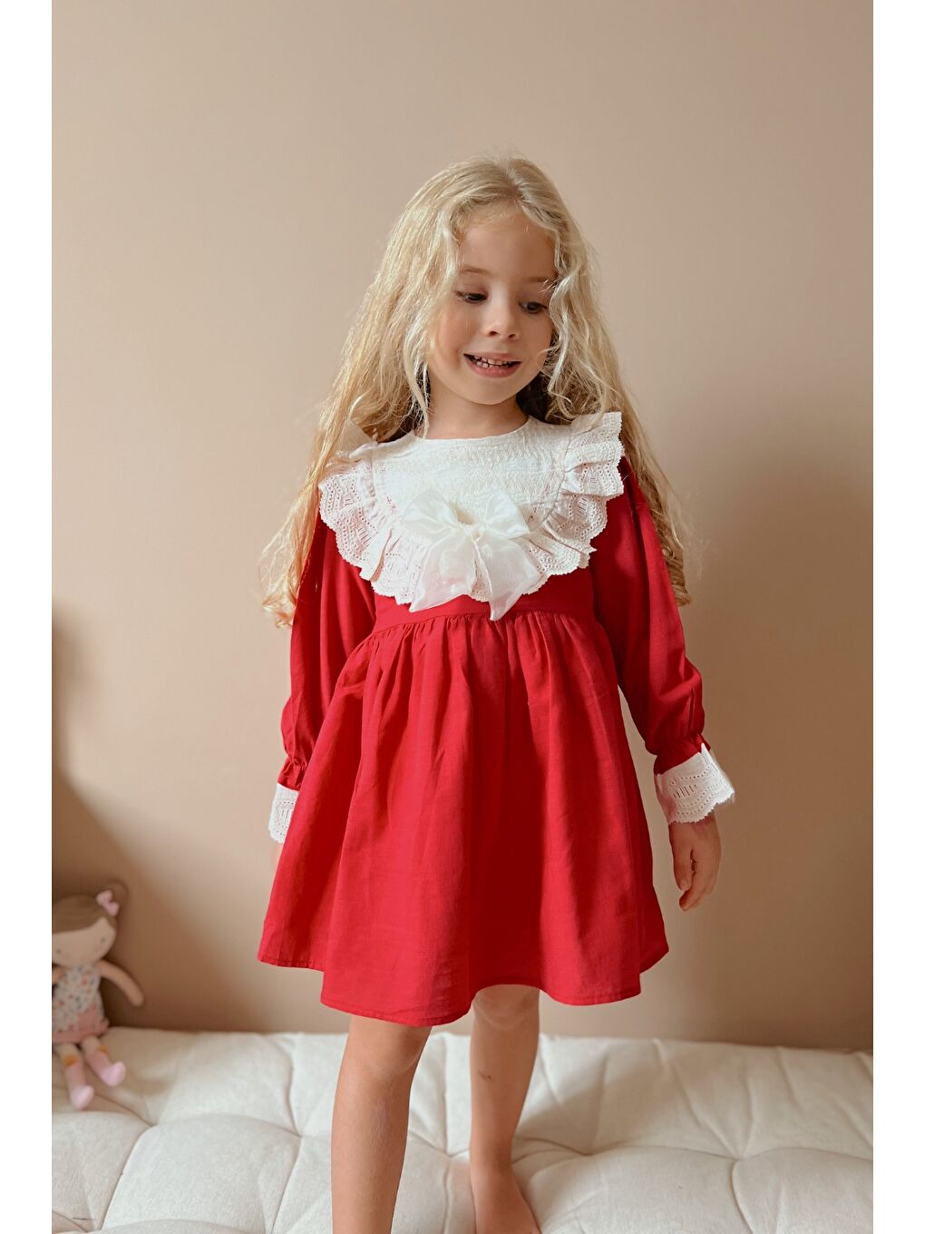 Kırmızı Fisto Yakalı Keten Kız Çocuk Elbise - Trinetta-1