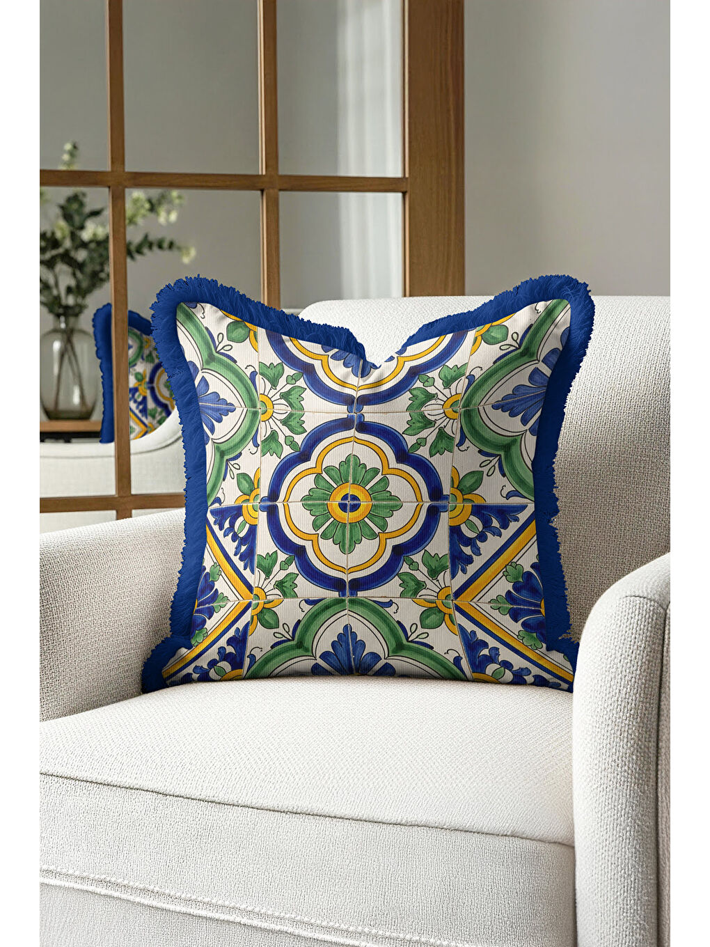 Karışık Lüks İtalyan Seramik Motifi Saçaklı Yastık Kılıfı - Akdeniz Bohem Mavi Yeşil Püsküllü Kırlent Kılıfı-1