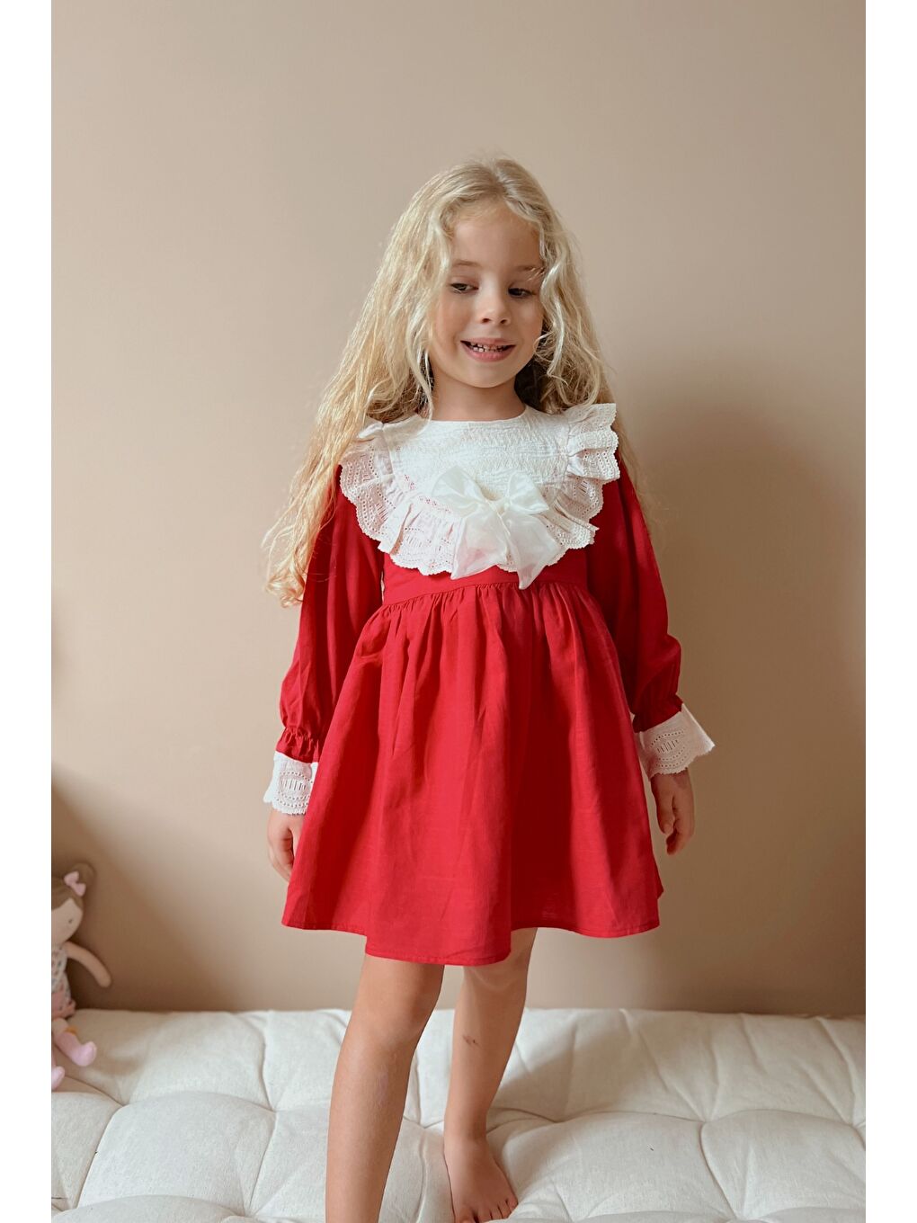 Kırmızı Fisto Yakalı Keten Kız Çocuk Elbise - Trinetta-2