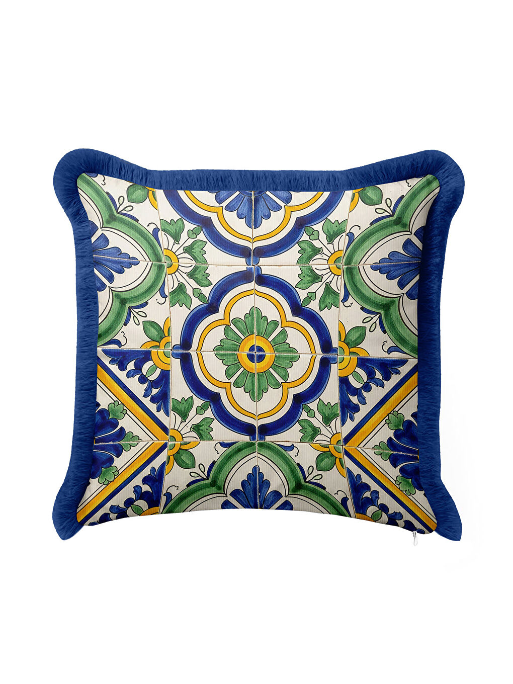 Karışık Lüks İtalyan Seramik Motifi Saçaklı Yastık Kılıfı - Akdeniz Bohem Mavi Yeşil Püsküllü Kırlent Kılıfı-2