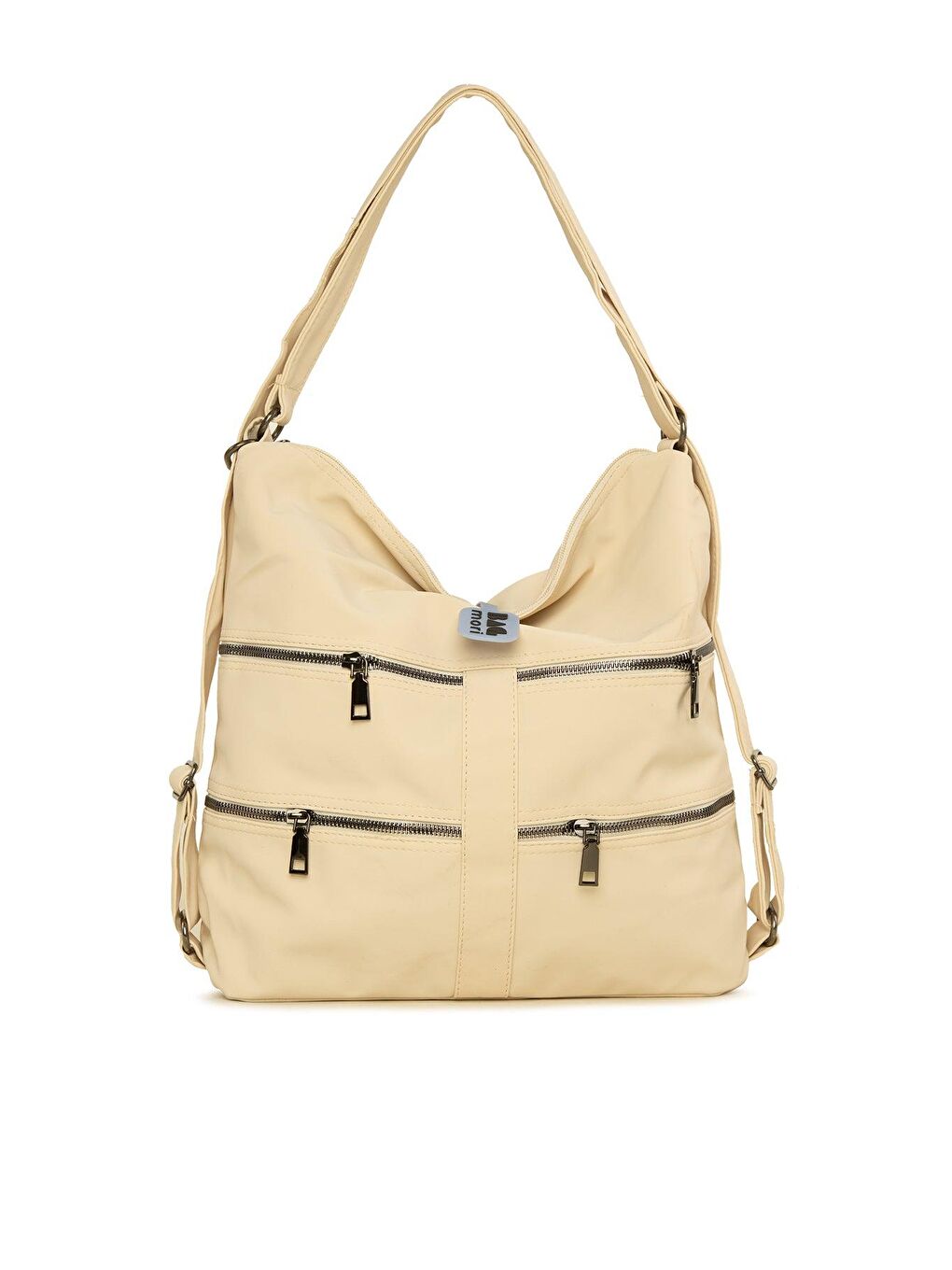 Ekru Çok Fermuarlı Şerit Detaylı Salaş Çanta