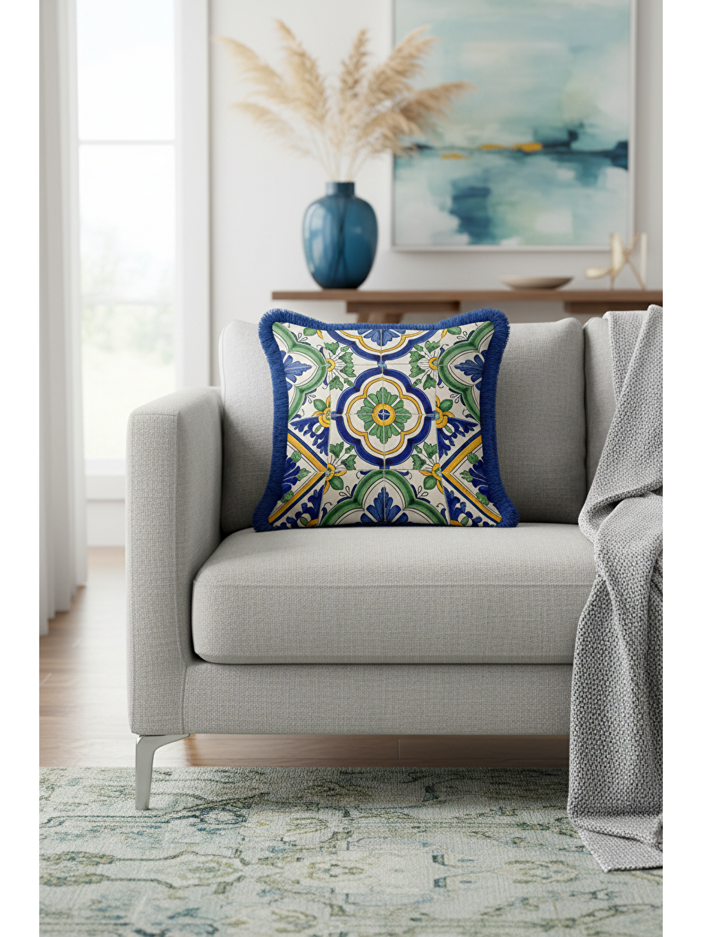 Karışık Lüks İtalyan Seramik Motifi Saçaklı Yastık Kılıfı - Akdeniz Bohem Mavi Yeşil Püsküllü Kırlent Kılıfı-3