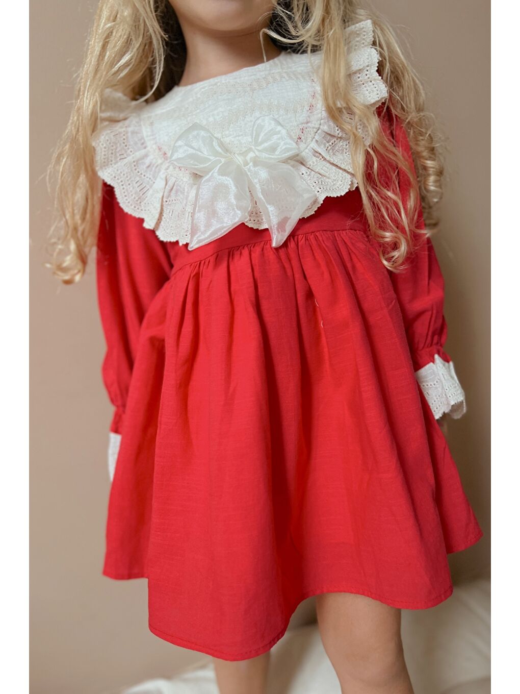 Kırmızı Fisto Yakalı Keten Kız Çocuk Elbise - Trinetta-3