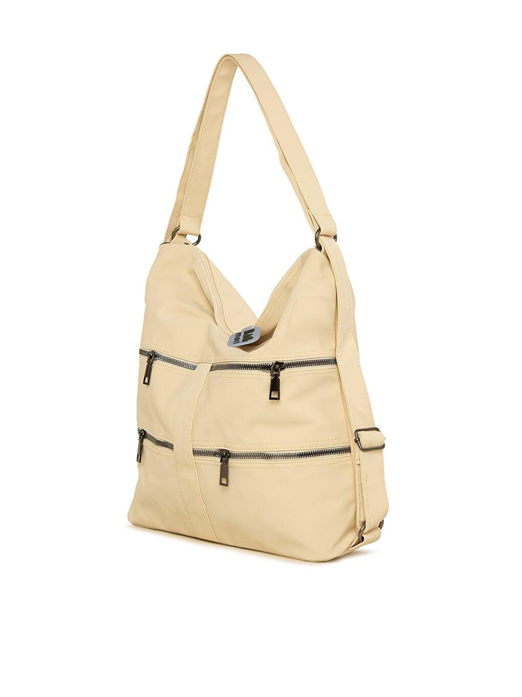 Ekru Çok Fermuarlı Şerit Detaylı Salaş Çanta-1