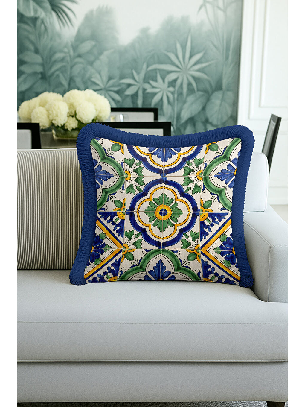 Karışık Lüks İtalyan Seramik Motifi Saçaklı Yastık Kılıfı - Akdeniz Bohem Mavi Yeşil Püsküllü Kırlent Kılıfı-4