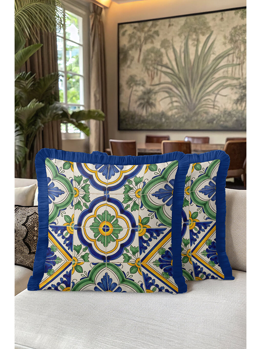 Karışık Lüks İtalyan Seramik Motifi Saçaklı Yastık Kılıfı - Akdeniz Bohem Mavi Yeşil Püsküllü Kırlent Kılıfı-5