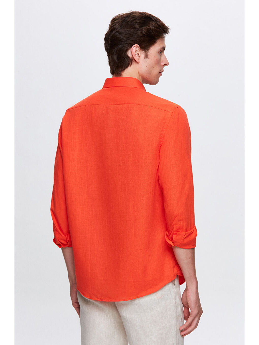 Comfort Turuncu Düğmeli Yaka Rahat Kesim Keten Görünümlü %100 Pamuk Gömlek-3