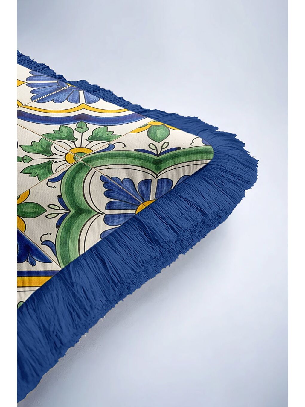 Karışık Lüks İtalyan Seramik Motifi Saçaklı Yastık Kılıfı - Akdeniz Bohem Mavi Yeşil Püsküllü Kırlent Kılıfı-6