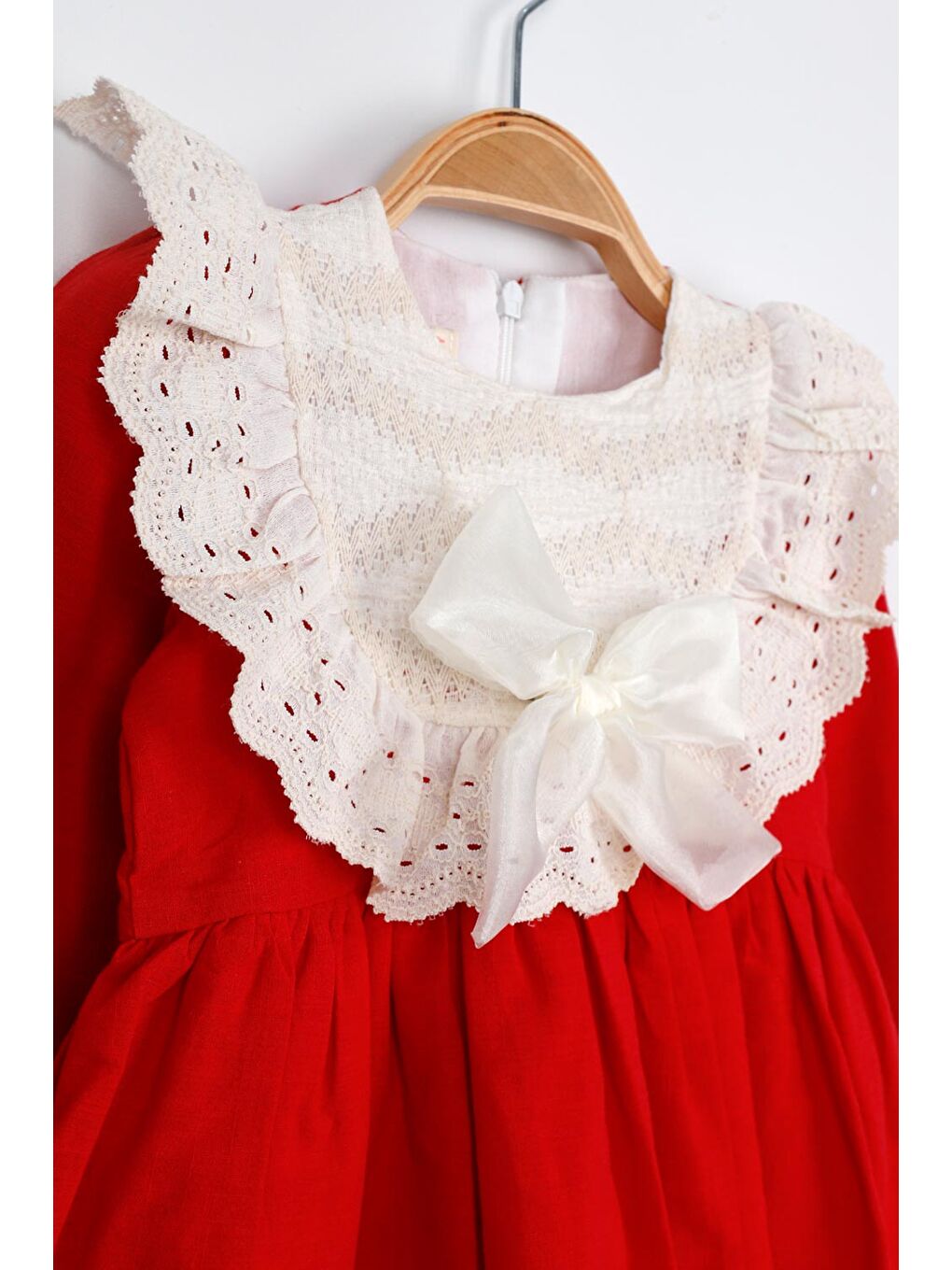 Kırmızı Fisto Yakalı Keten Kız Çocuk Elbise - Trinetta-6