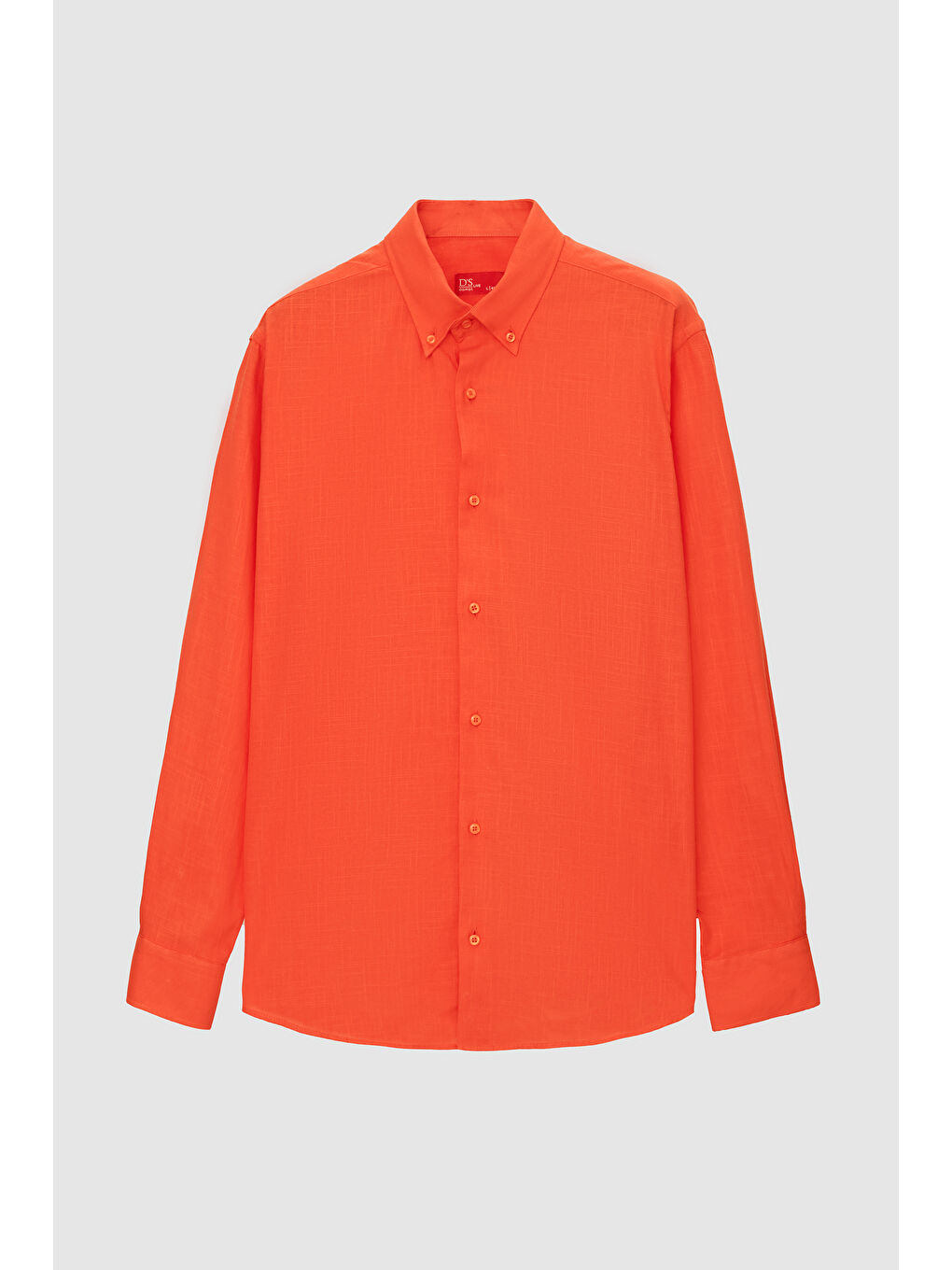 Comfort Turuncu Düğmeli Yaka Rahat Kesim Keten Görünümlü %100 Pamuk Gömlek-4