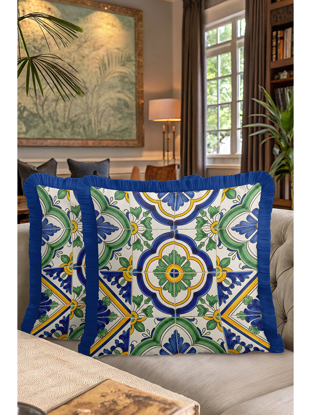 Karışık Lüks İtalyan Seramik Motifi Saçaklı Yastık Kılıfı - Akdeniz Bohem Mavi Yeşil Püsküllü Kırlent Kılıfı-7