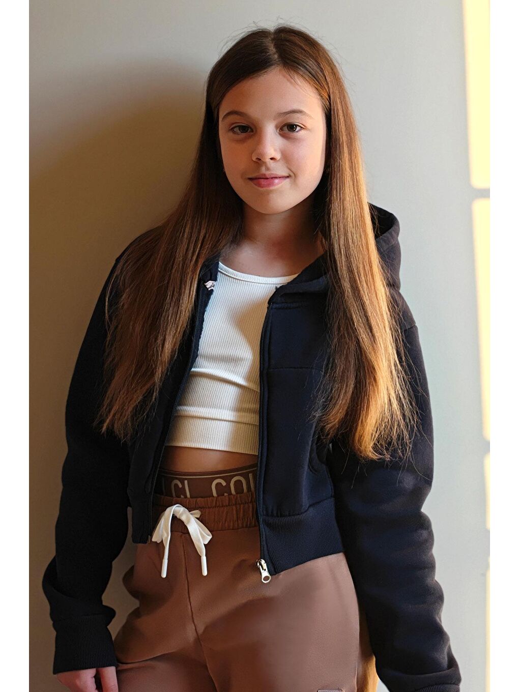 Kız Çocuk Crop Hırka Fermuarlı Kapüşonlu Lacivert  8 14 Yaş