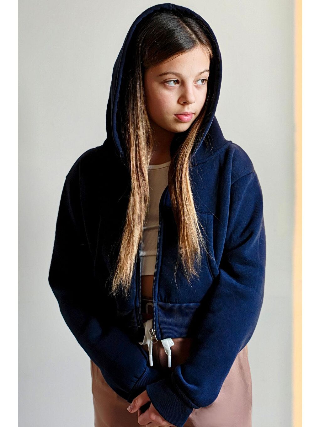 Kız Çocuk Crop Hırka Fermuarlı Kapüşonlu Lacivert  8 14 Yaş-1