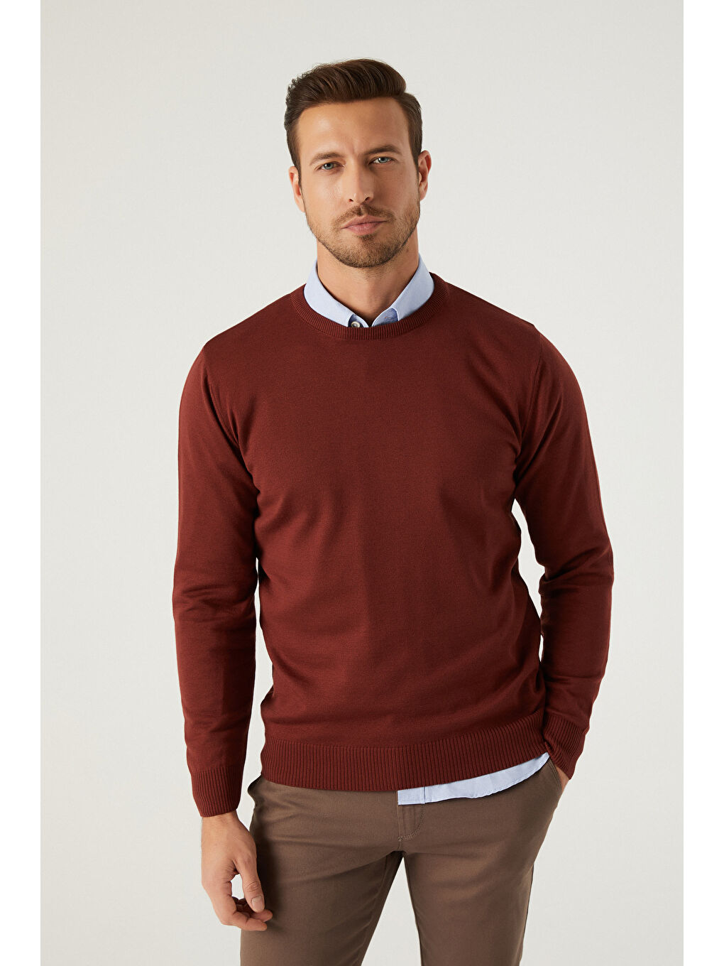 Kahverengi Regular Fit Kiremit Tüylenme Yapmayan Bisiklet Yaka Pamuklu Triko Kazak-4