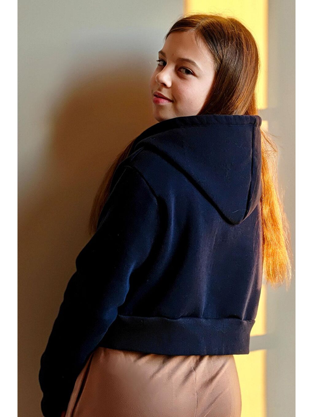Kız Çocuk Crop Hırka Fermuarlı Kapüşonlu Lacivert  8 14 Yaş-2