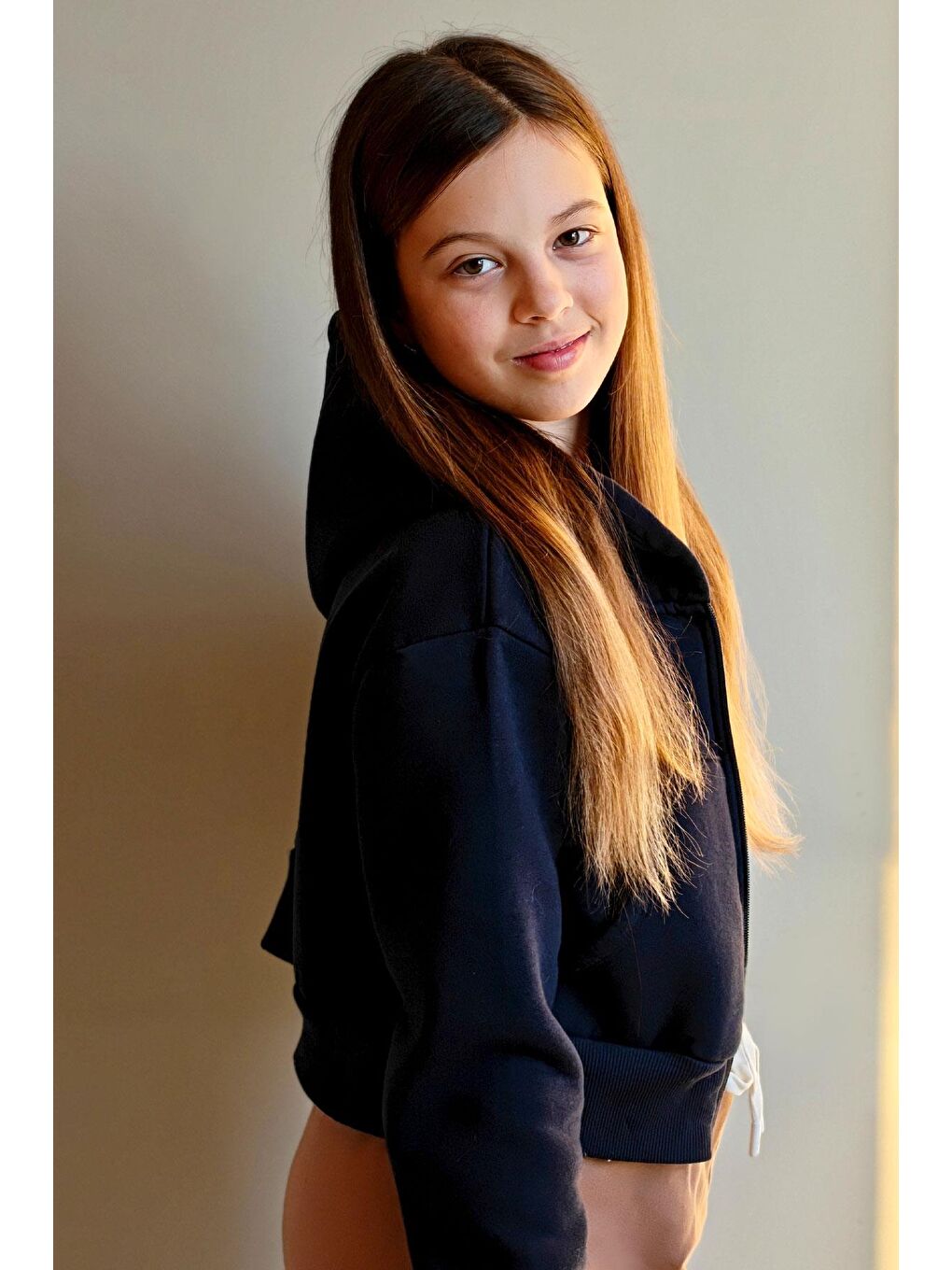 Kız Çocuk Crop Hırka Fermuarlı Kapüşonlu Lacivert  8 14 Yaş-3