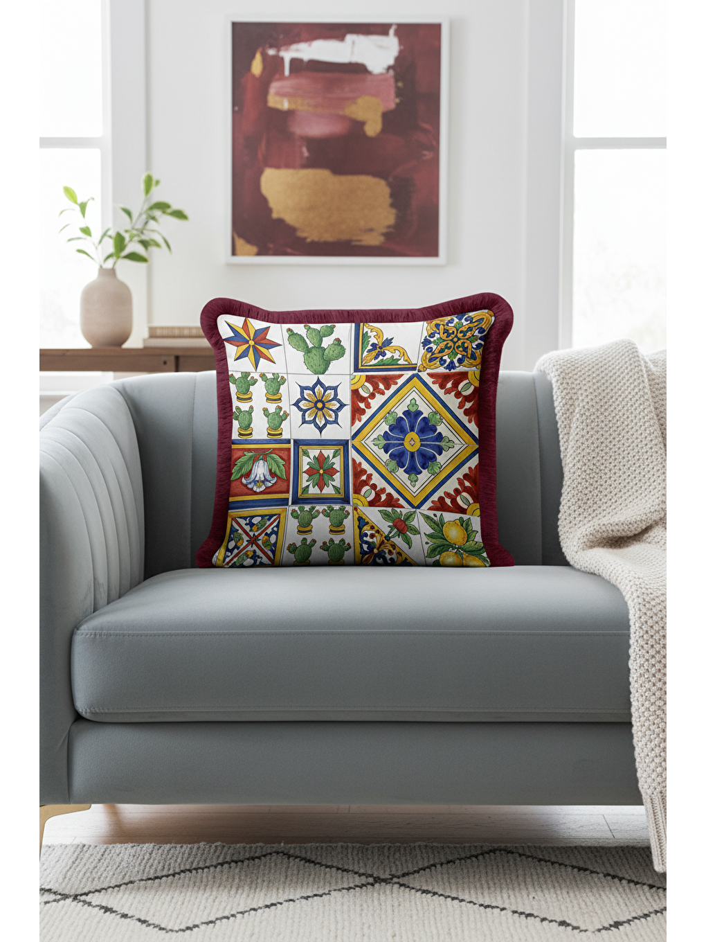 Karışık Akdeniz Çini Motifli Saçaklı Yastık Kılıfı - Etnik Limon Kaktüs Tema Kırmızı Püsküllü Kırlent Kılıfı-1