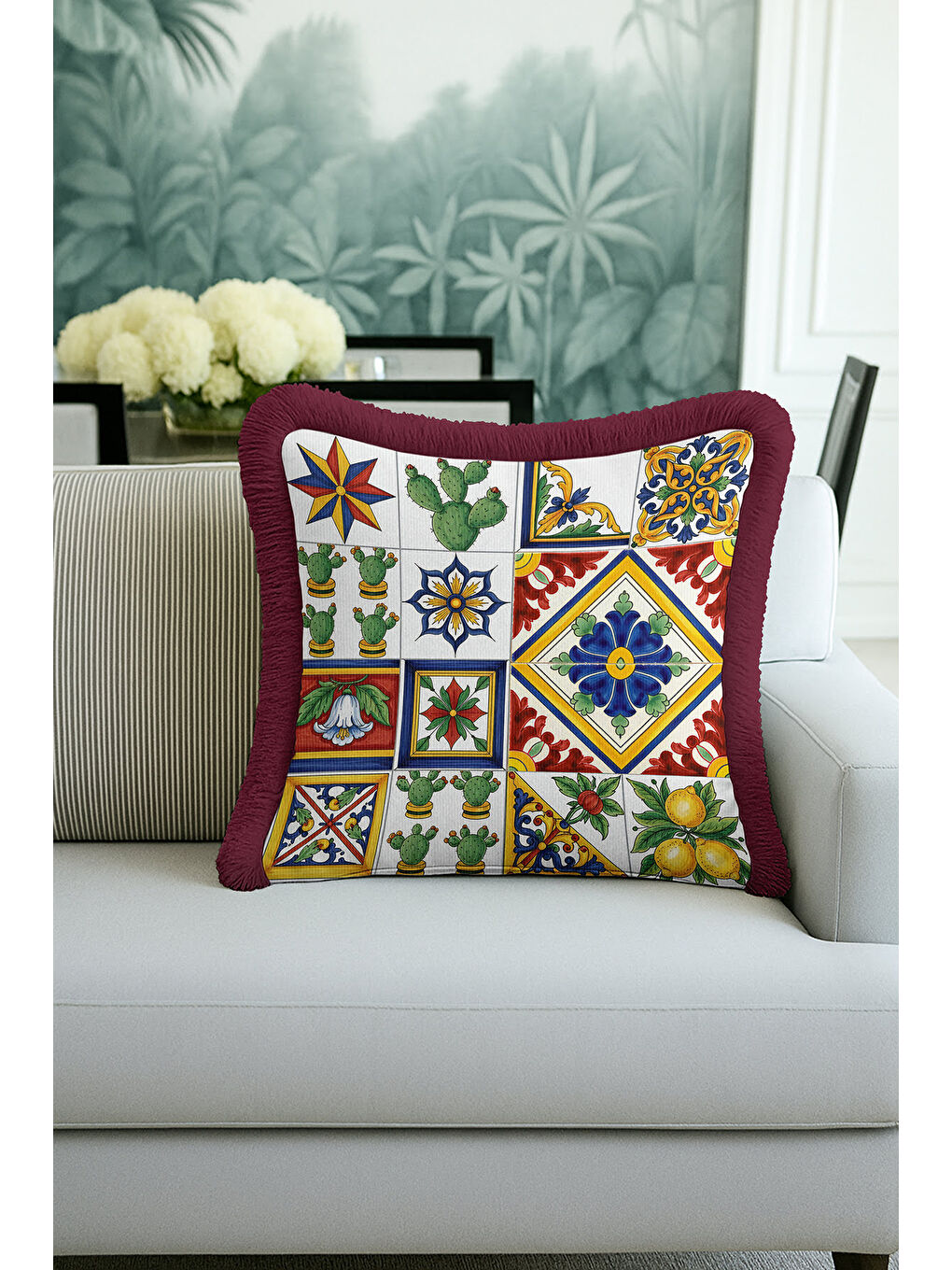 Karışık Akdeniz Çini Motifli Saçaklı Yastık Kılıfı - Etnik Limon Kaktüs Tema Kırmızı Püsküllü Kırlent Kılıfı-2