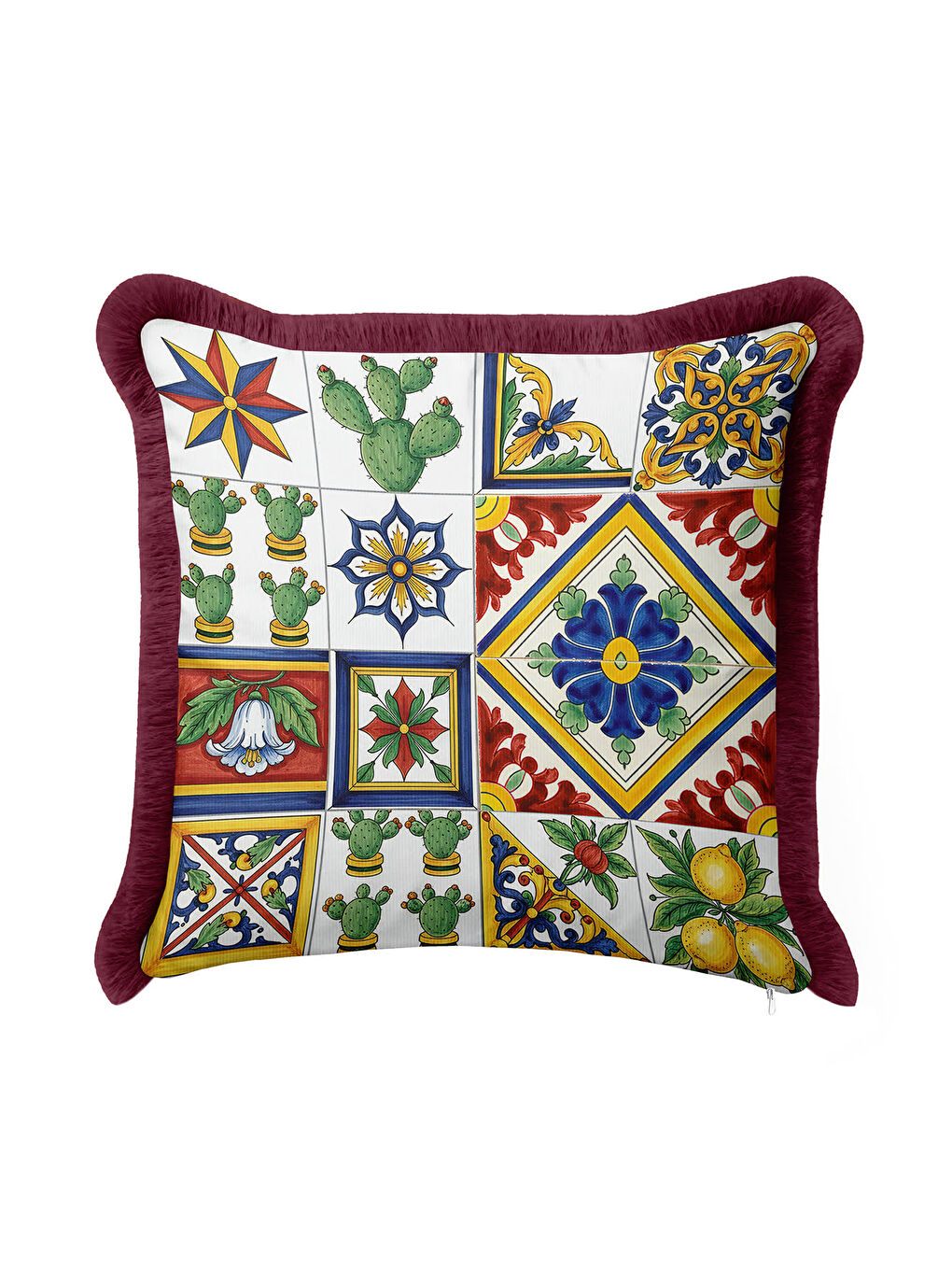Karışık Akdeniz Çini Motifli Saçaklı Yastık Kılıfı - Etnik Limon Kaktüs Tema Kırmızı Püsküllü Kırlent Kılıfı-3