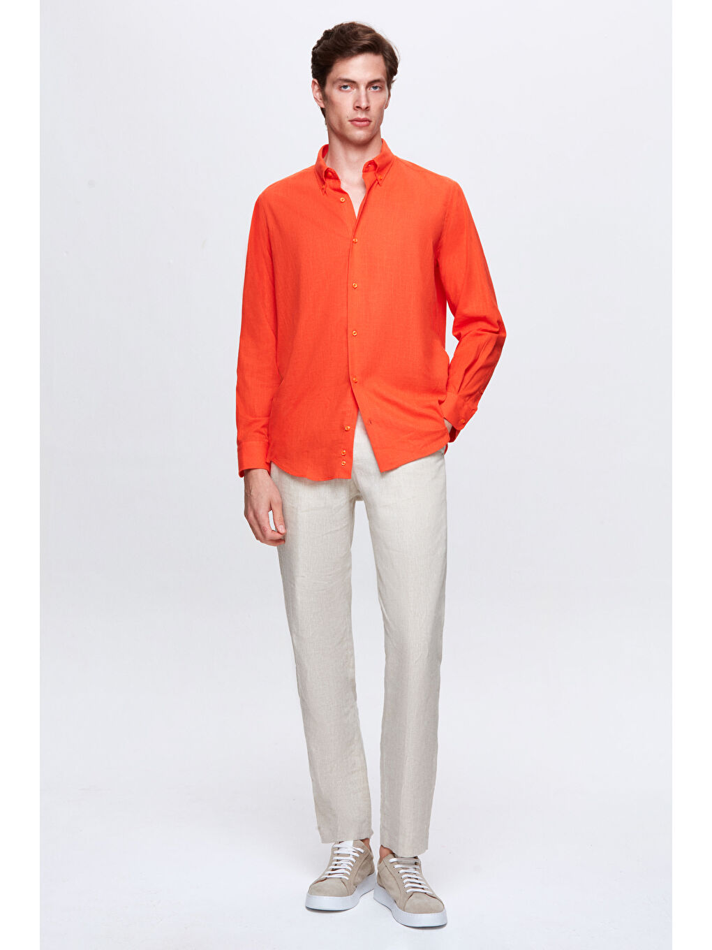 Comfort Turuncu Düğmeli Yaka Rahat Kesim Keten Görünümlü %100 Pamuk Gömlek-5