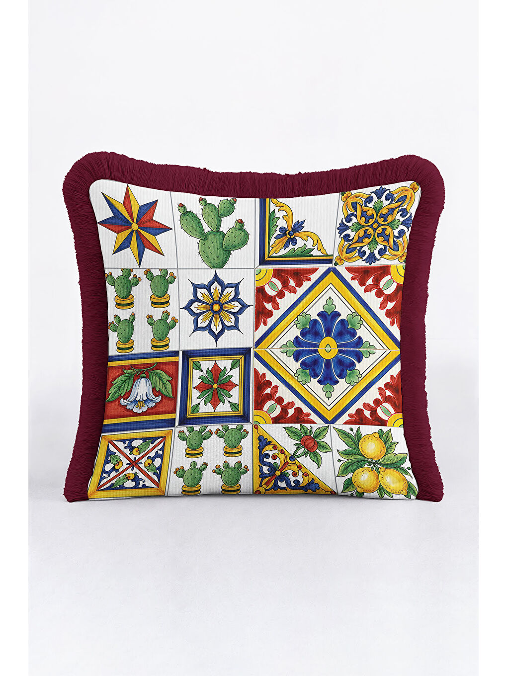 Karışık Akdeniz Çini Motifli Saçaklı Yastık Kılıfı - Etnik Limon Kaktüs Tema Kırmızı Püsküllü Kırlent Kılıfı-4