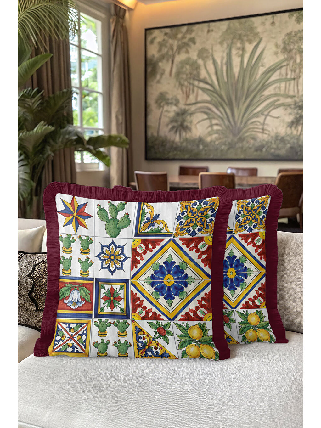 Karışık Akdeniz Çini Motifli Saçaklı Yastık Kılıfı - Etnik Limon Kaktüs Tema Kırmızı Püsküllü Kırlent Kılıfı-5