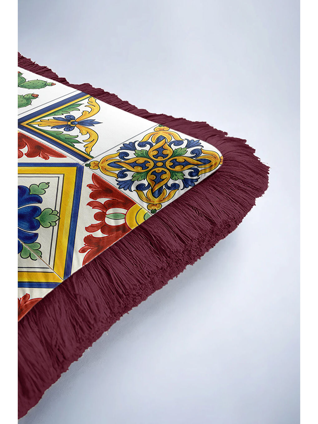 Karışık Akdeniz Çini Motifli Saçaklı Yastık Kılıfı - Etnik Limon Kaktüs Tema Kırmızı Püsküllü Kırlent Kılıfı-6