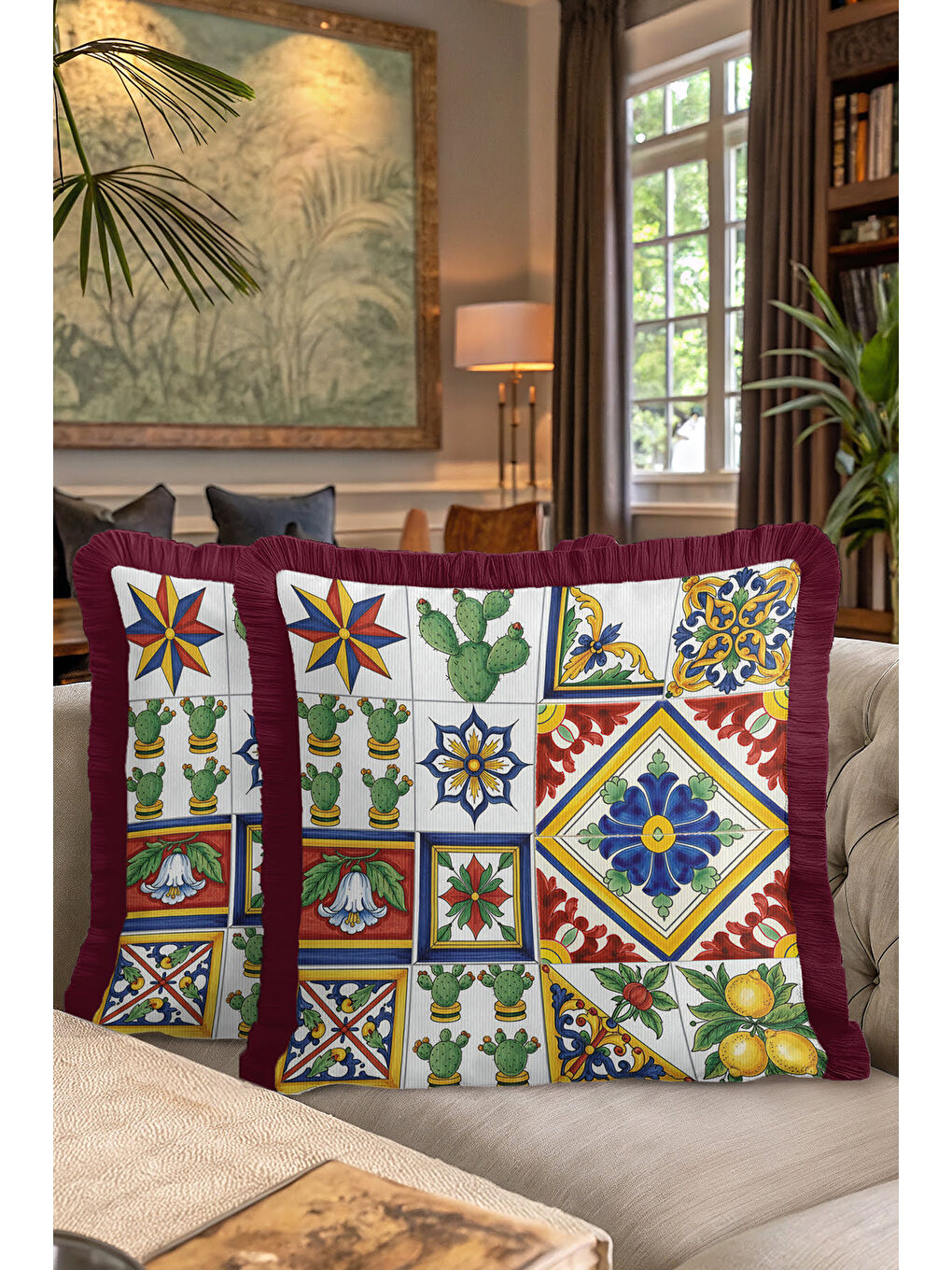 Karışık Akdeniz Çini Motifli Saçaklı Yastık Kılıfı - Etnik Limon Kaktüs Tema Kırmızı Püsküllü Kırlent Kılıfı-7