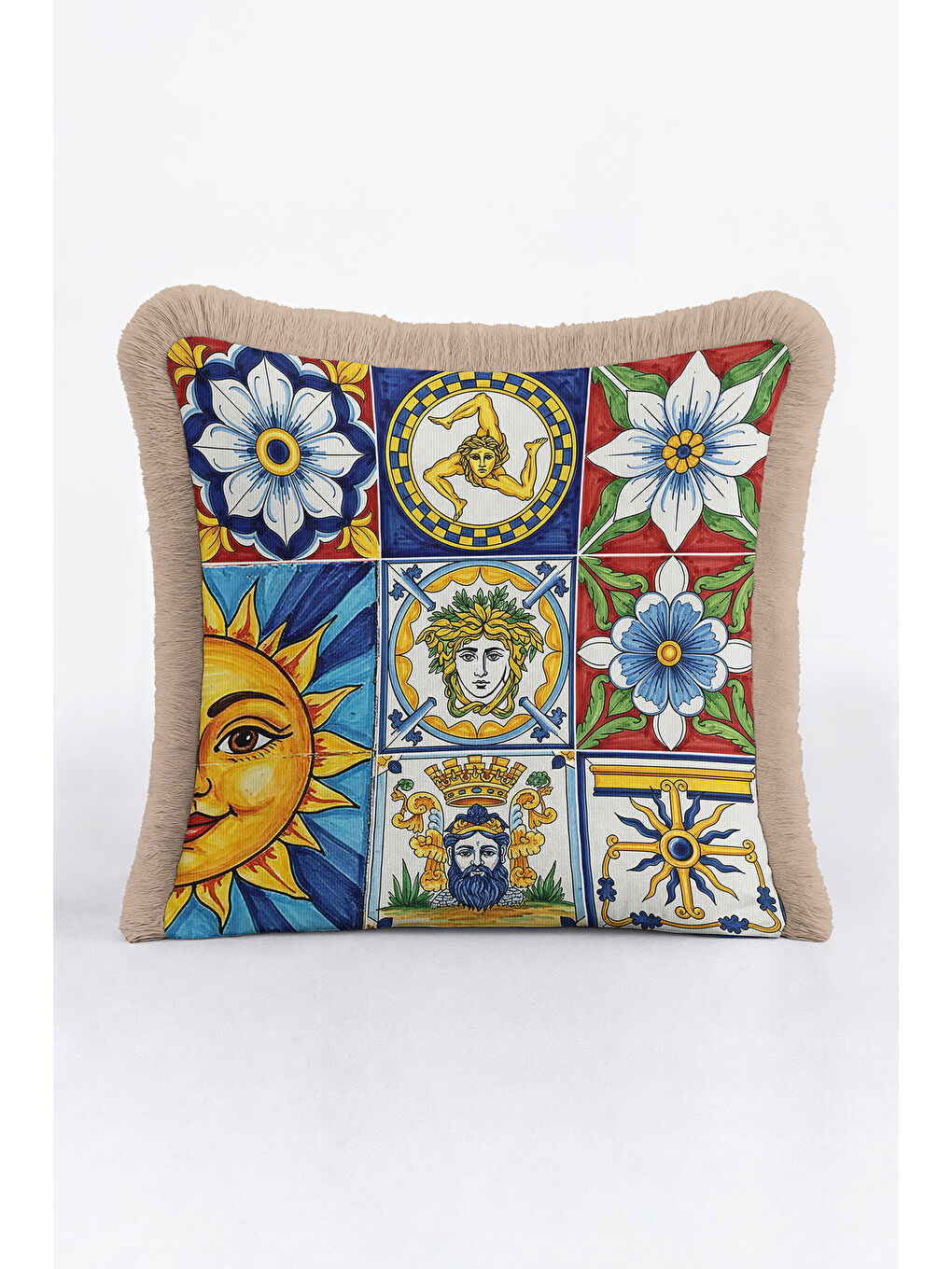 Karışık Akdeniz Motifli Saçaklı Yastık Kılıfı - İtalyan Klasik Mavi Sarı Bohem Püsküllü Kırlent Kılıfı