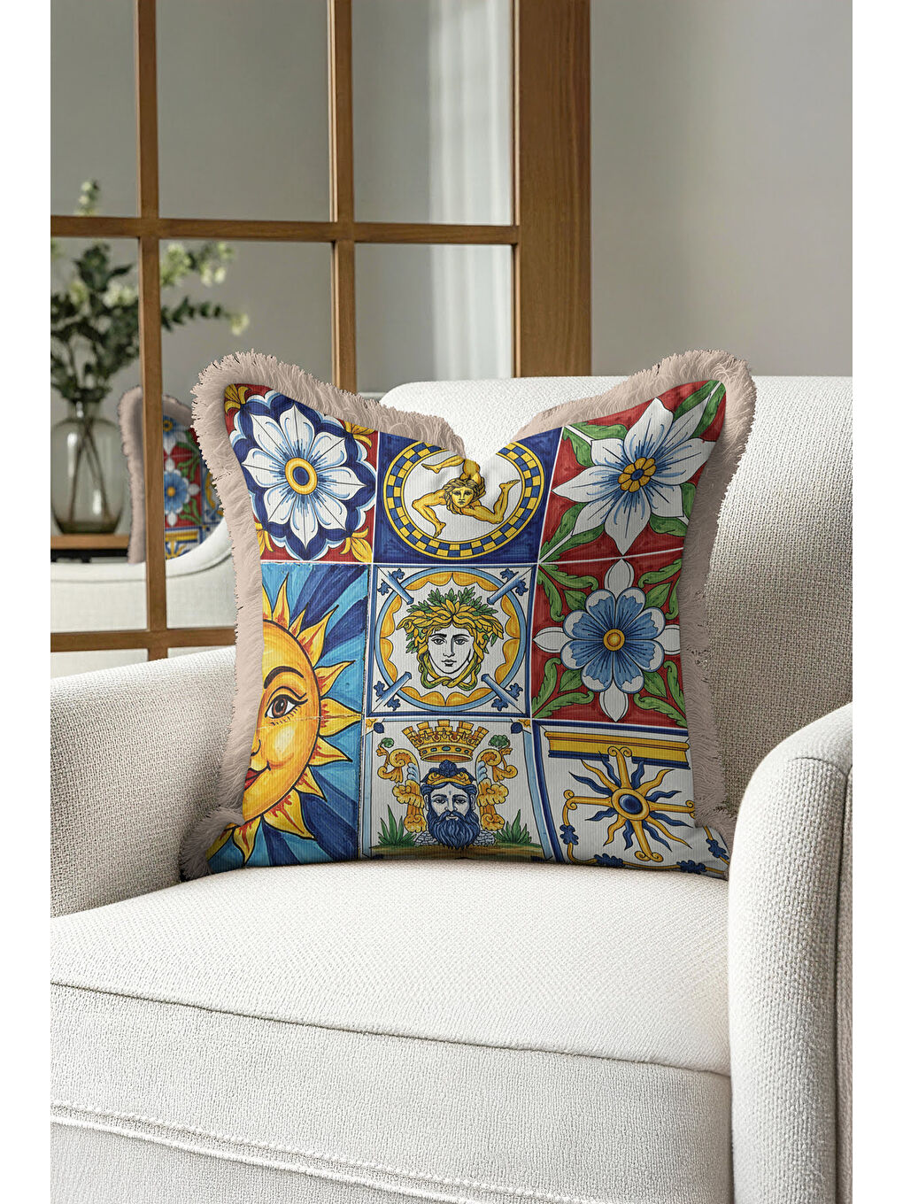 Karışık Akdeniz Motifli Saçaklı Yastık Kılıfı - İtalyan Klasik Mavi Sarı Bohem Püsküllü Kırlent Kılıfı-1