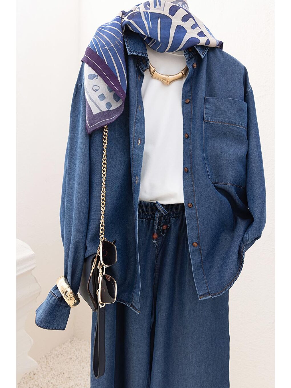 Koyu Mavi Düğmeli Büyük Cepli Lyocell Gömlek-5