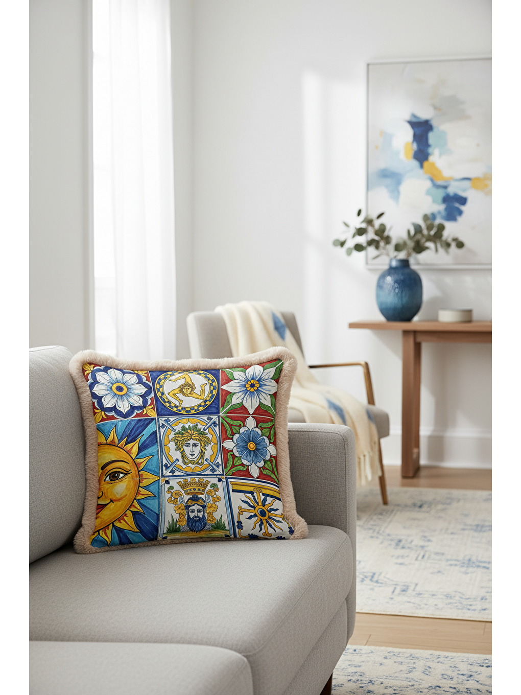 Karışık Akdeniz Motifli Saçaklı Yastık Kılıfı - İtalyan Klasik Mavi Sarı Bohem Püsküllü Kırlent Kılıfı-2