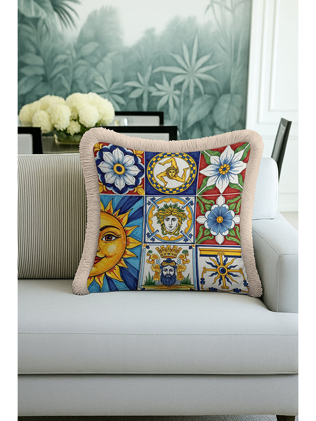 Karışık Akdeniz Motifli Saçaklı Yastık Kılıfı - İtalyan Klasik Mavi Sarı Bohem Püsküllü Kırlent Kılıfı-3