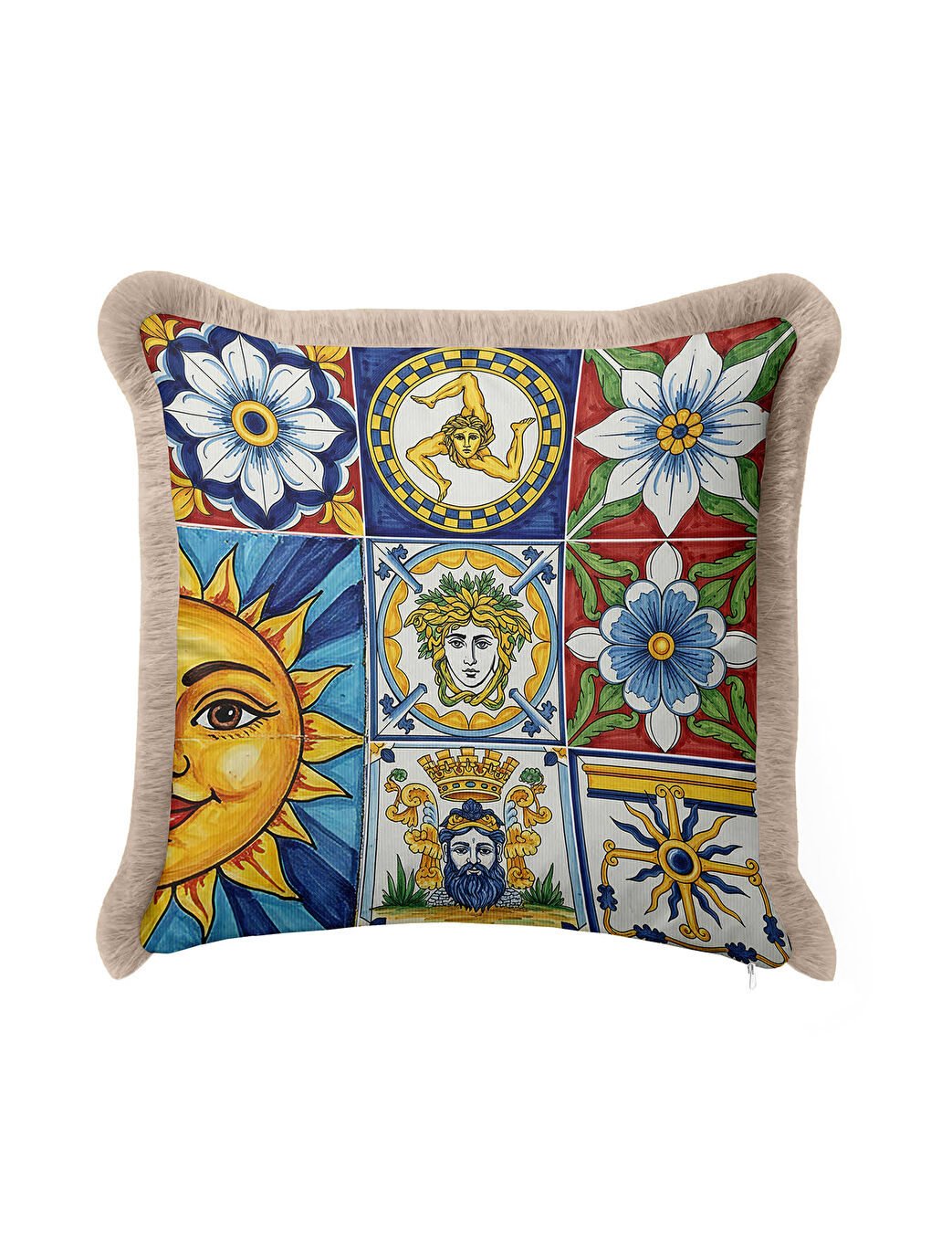 Karışık Akdeniz Motifli Saçaklı Yastık Kılıfı - İtalyan Klasik Mavi Sarı Bohem Püsküllü Kırlent Kılıfı-4