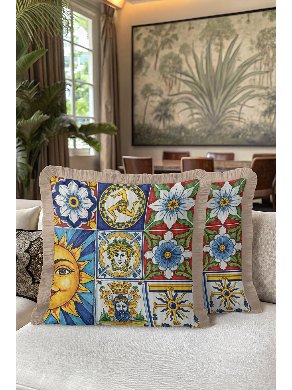 Karışık Akdeniz Motifli Saçaklı Yastık Kılıfı - İtalyan Klasik Mavi Sarı Bohem Püsküllü Kırlent Kılıfı-5
