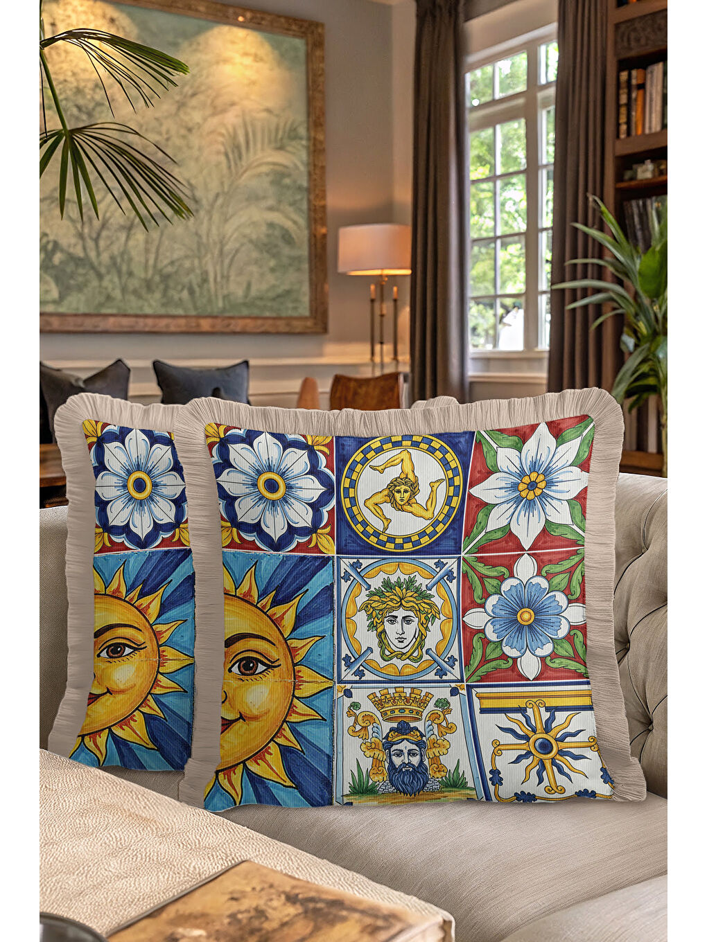 Karışık Akdeniz Motifli Saçaklı Yastık Kılıfı - İtalyan Klasik Mavi Sarı Bohem Püsküllü Kırlent Kılıfı-7