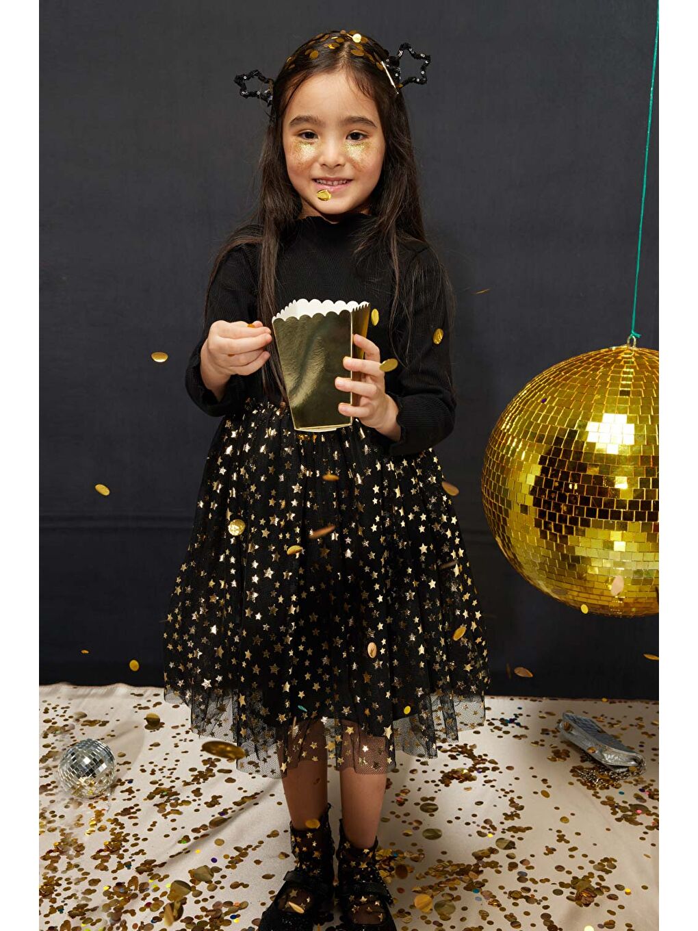 Siyah Yıldız Baskılı Tül Etekli Kız Çocuk Elbise - Karen