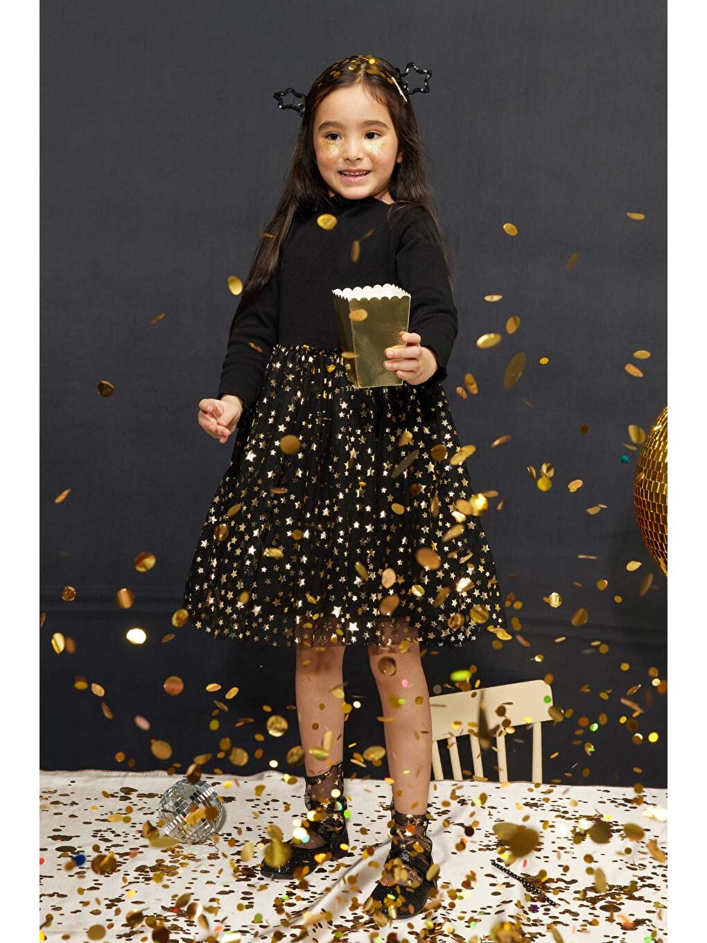 Siyah Yıldız Baskılı Tül Etekli Kız Çocuk Elbise - Karen-1