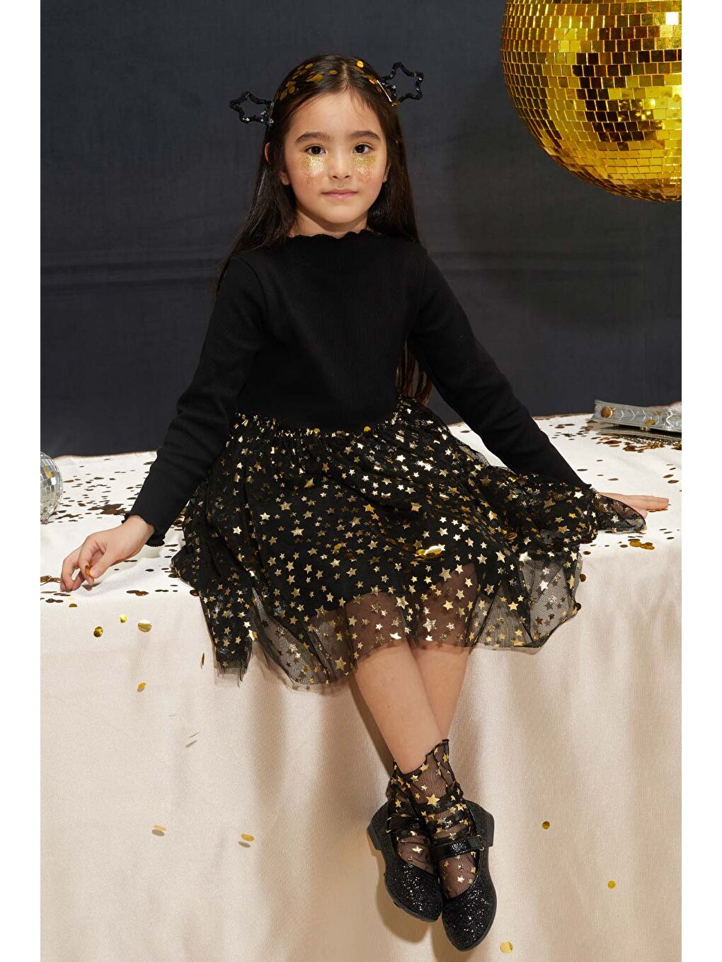 Siyah Yıldız Baskılı Tül Etekli Kız Çocuk Elbise - Karen-2
