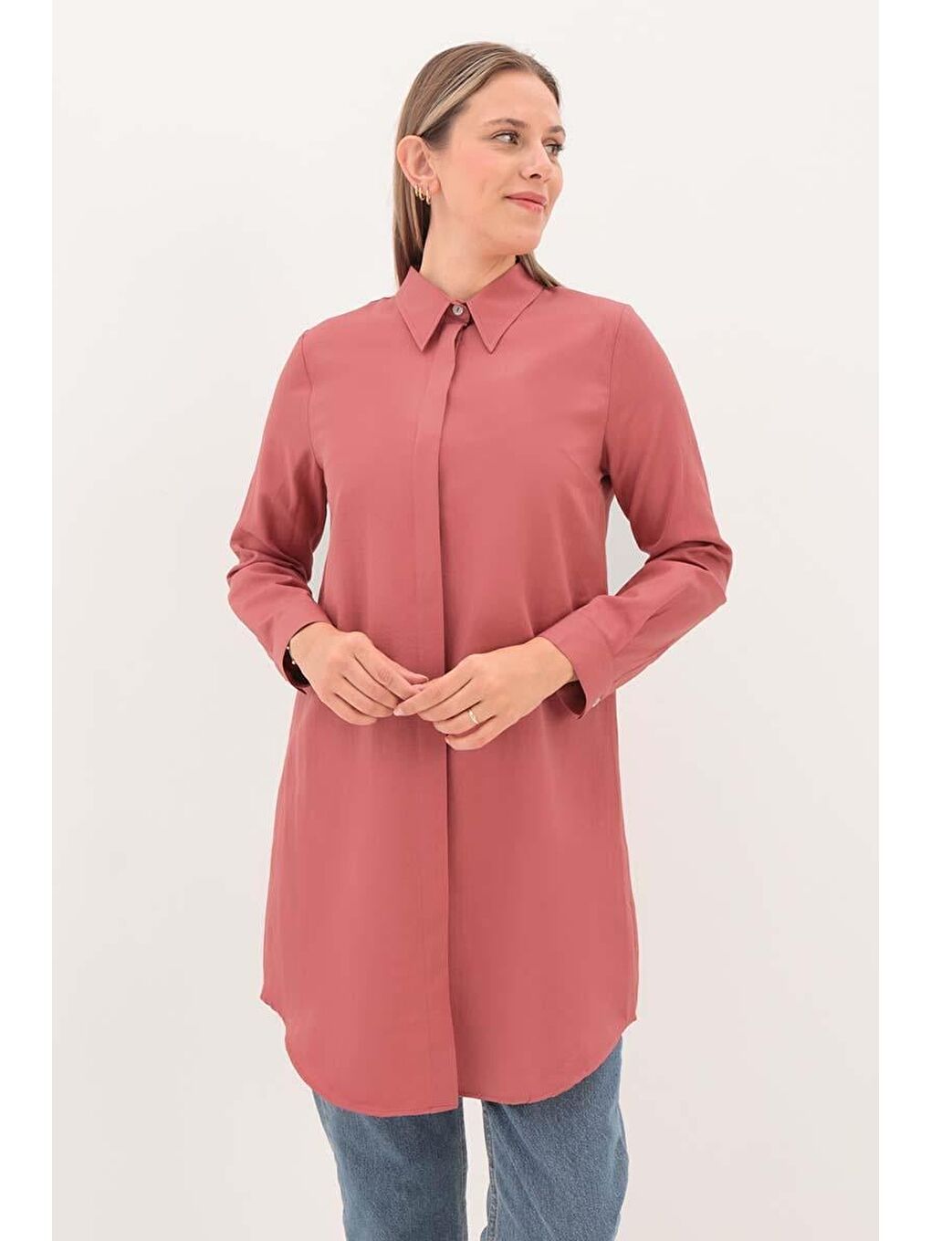 Pembe Gül Kurusu Basic Gizli Patlı Gömlek Tunik