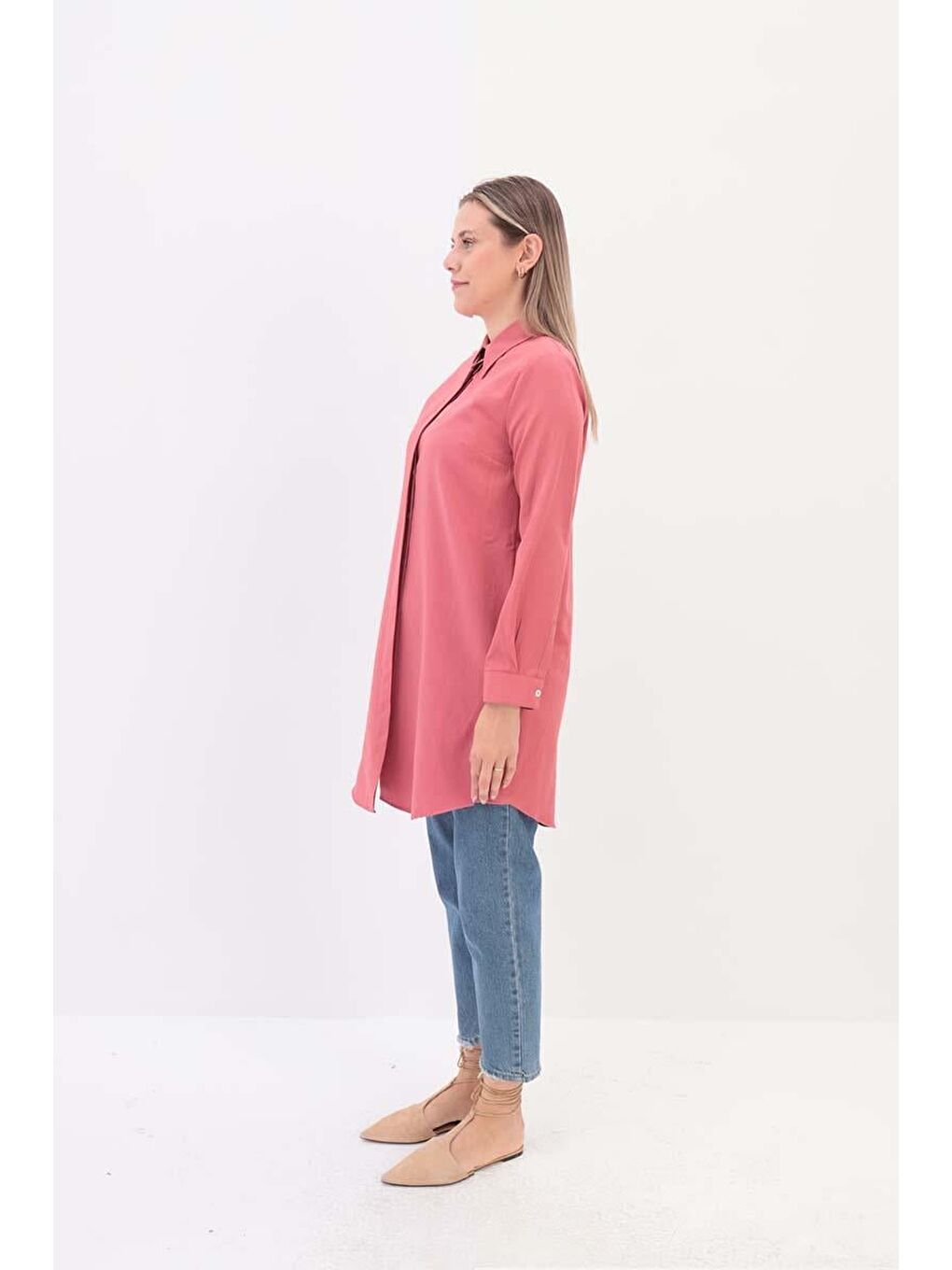 Pembe Gül Kurusu Basic Gizli Patlı Gömlek Tunik-2