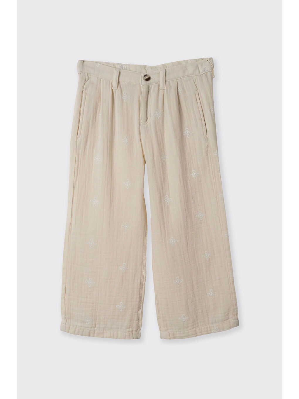 Kız Çocuk Etnik Nakışlı Müslin Bej Pantolon