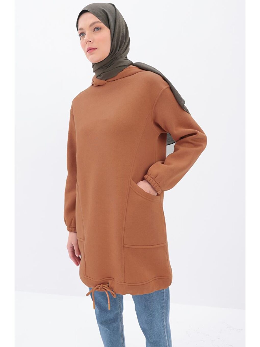 Kahverengi Açık Kiremit Kulplu Kapüşonlu Sweat Tunik