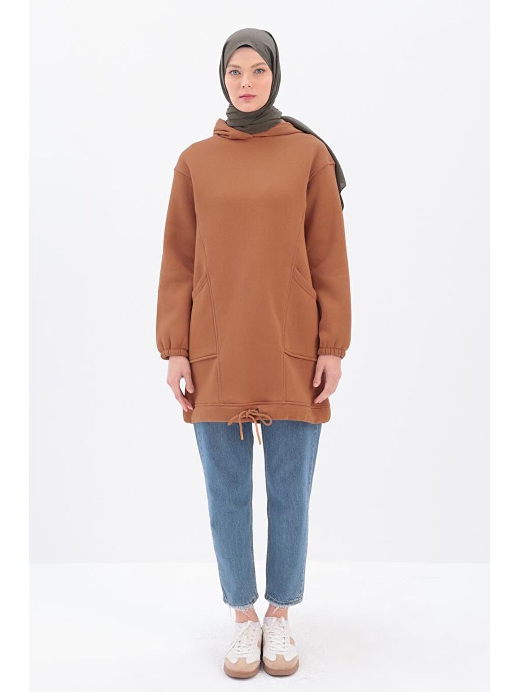 Kahverengi Açık Kiremit Kulplu Kapüşonlu Sweat Tunik-1