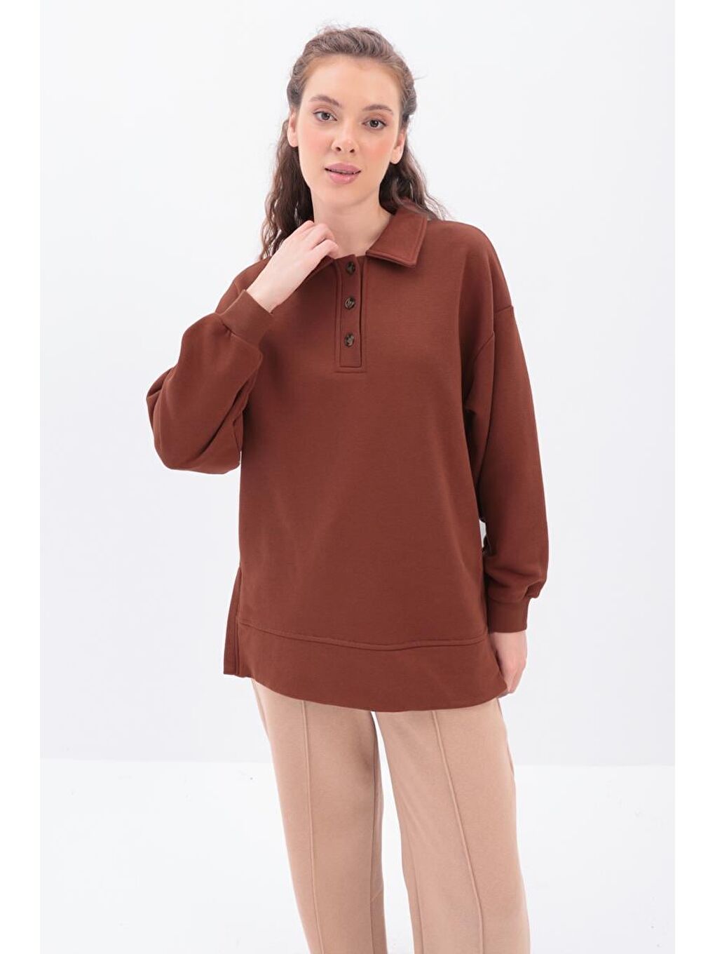 Kahverengi Kahve Yanları Fermuarlı Yakalı Sweat Tunik